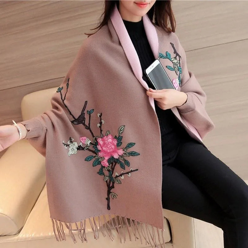 Autumn and winter embroidered cape shawl women's embroidered knitted cardigan tassel knit sweater