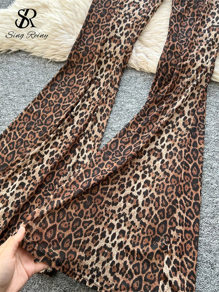 SINGREINY 2024 Newest Leopard 2pcs Suits Women Sexy Strap Tops+Elastic Waist Flared Pants American Ins Fashion Hotsweet Sets