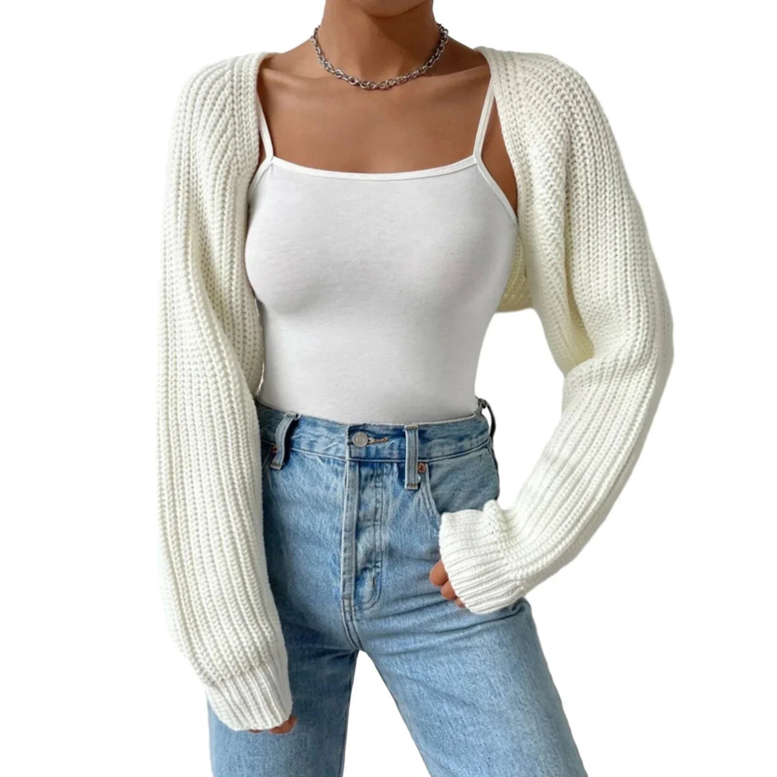 Women's Fashion Open Front Crochet Cardigan Casual Long Sleeve Solid Color Sweater Ribbed Knit Shrug Sweater Bolero Tops