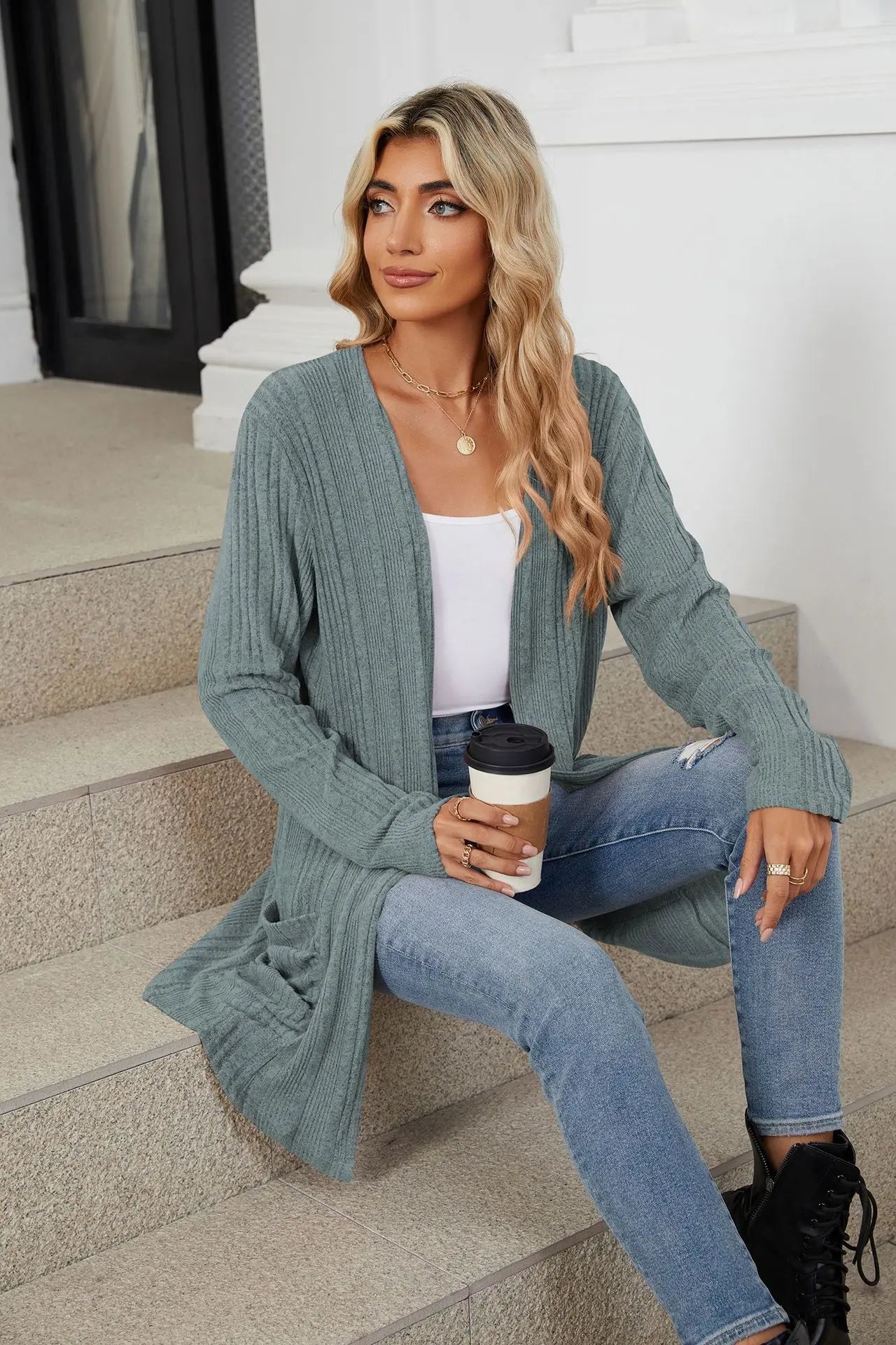 Autumn Winter New Solid Color Pit Stripe Brushed Pocket Cardigan Best Selle Long Sleeved Jacket for Woman Clothes
