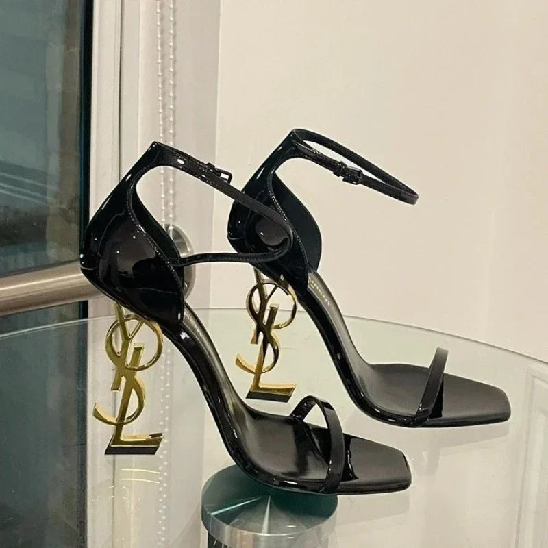 Heels Women New Design Metal Heel Patent Leather Banquet High Heel Sandals Elegant Sexy Women's High Heels Zapatos De Mujer