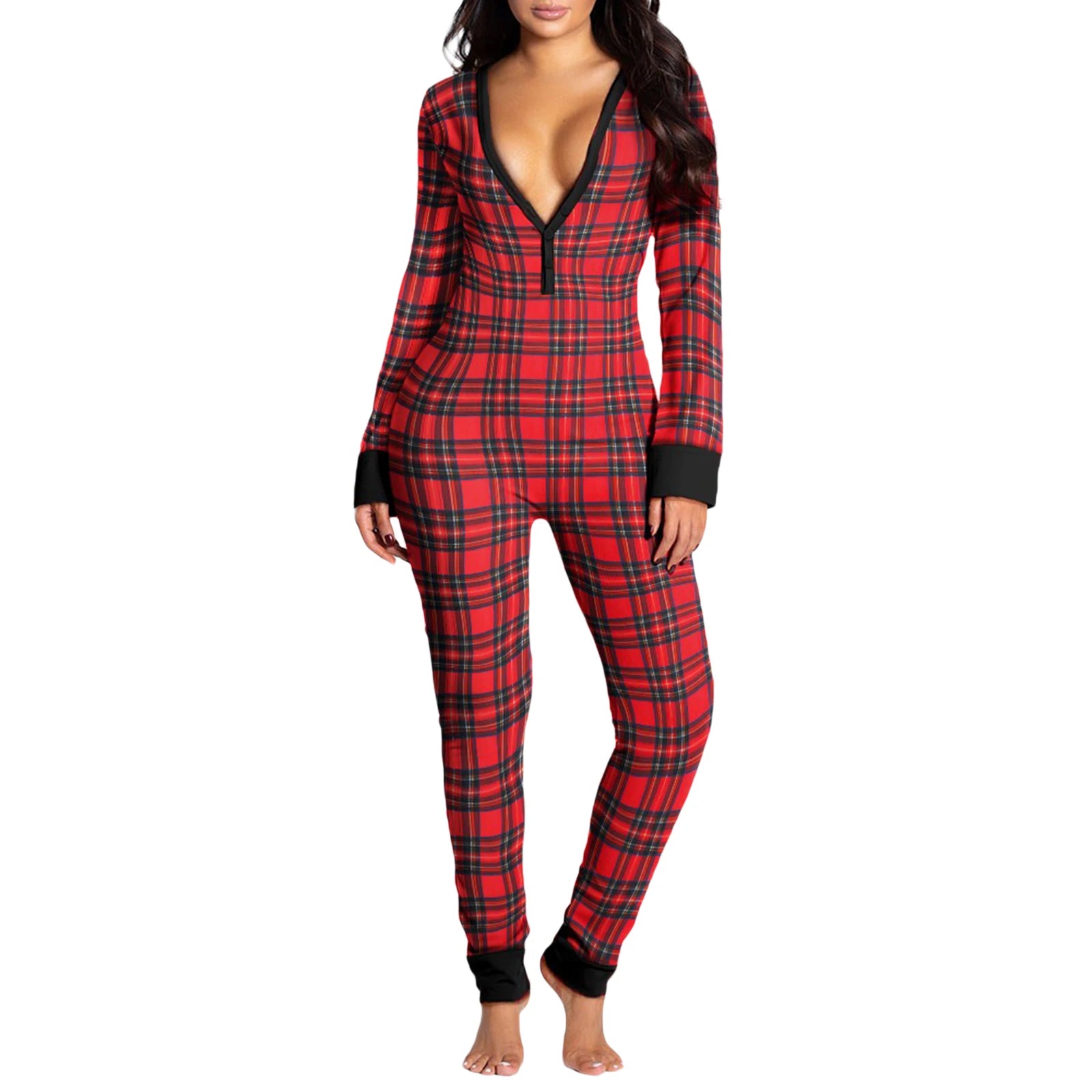 Women Jumpsuits Pajama Long Sleeve V Neck Bodycon Hip Detachable Crotch Romper Bodycon Playsuits Casual Loungewear