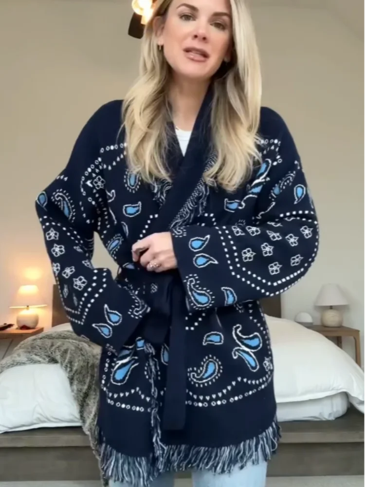 Tassel Patchwork Printed Cardigan Women Geometric Patterns Belts V-neck Long Sleeve Knitted Street Lady Sweater 2025 Autumn Coat