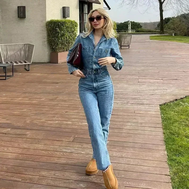 Autumn Denim Jumpsuit for Women Overalls Woman Jean Overalls Long Sleeve Elegant Jumpsuits Y2k Streetwear  Turn Down Collar