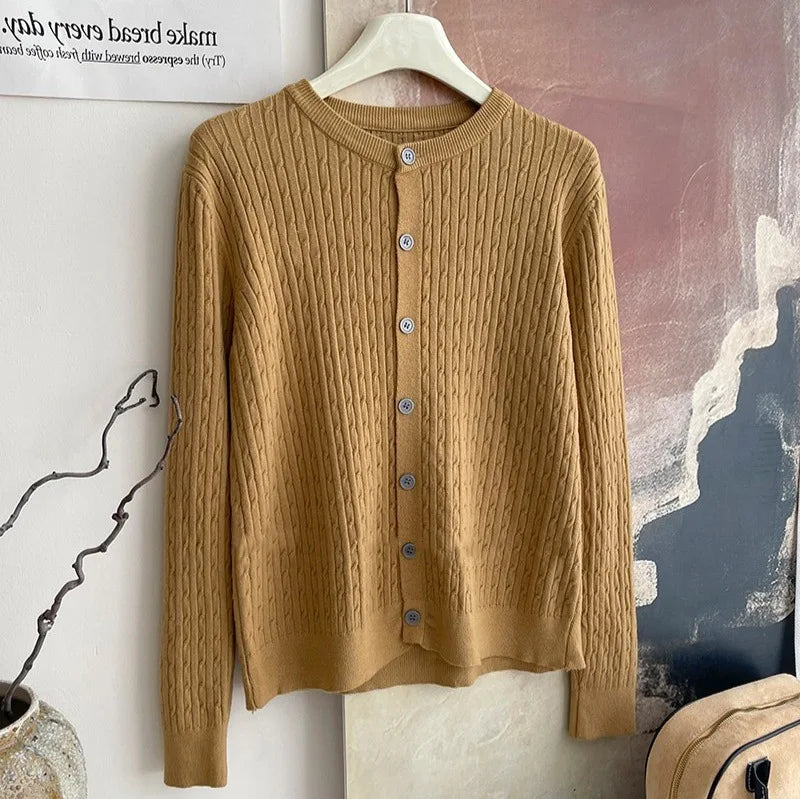 2025 Pure Color Long Sleeve Single Breasted Knitted Sweater Autumn Winter Women's Crew Neck Cardigan New Casual Versatile Tops