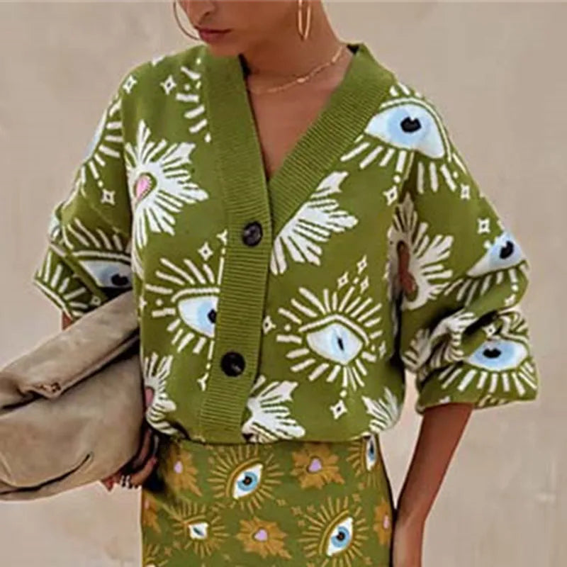 Vintage Geometric Print Sweater Cardigan Woman Elegant Single Breasted V Neck Jacket Autumn Long Sleeve Loose Knitwear Top Mujer