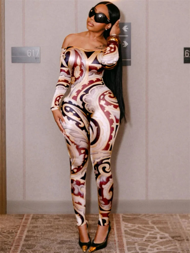 Weird Puss Slash Neck Jumpsuit Women Hipster Colorful Print Full Sleeve Stretch Skinny Fitness Activity Workout Slim Streetwear