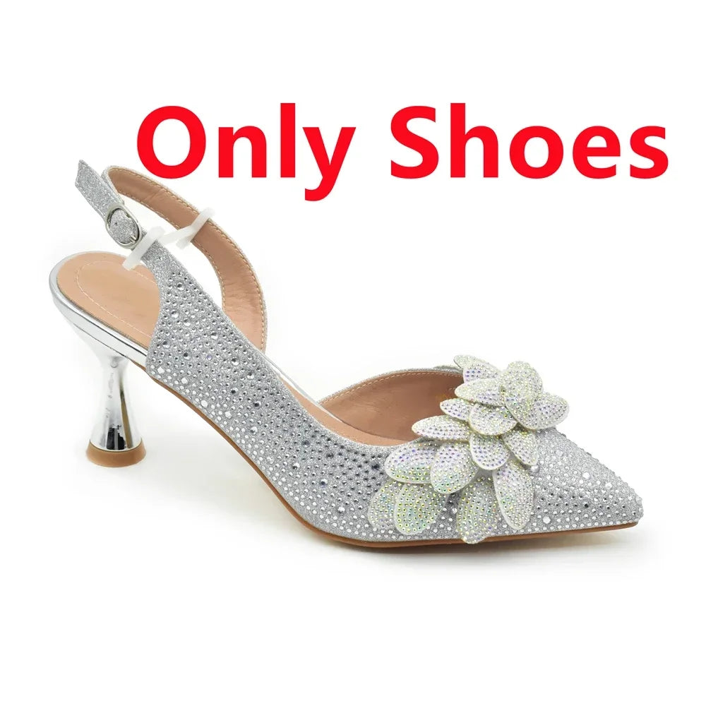 2024 Nigerian Style Rhinestone Medium Heeled Sandals for Women Fashion Wedding Party Shoes and Bags Set with Rhinestone