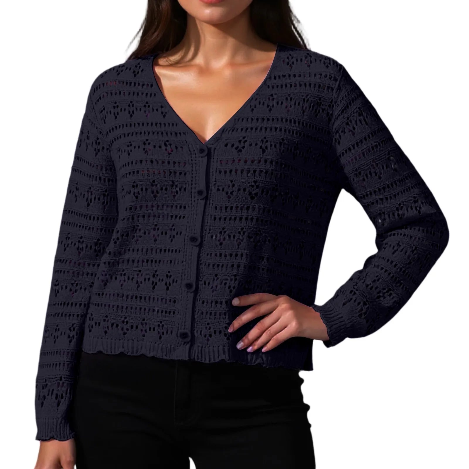 Women Fashion V-neck Knitted Cardigan Spring Autumn Versatile Solid Color Hollow Out Top Ladies Loose Long Sleeved Cardigan Tops