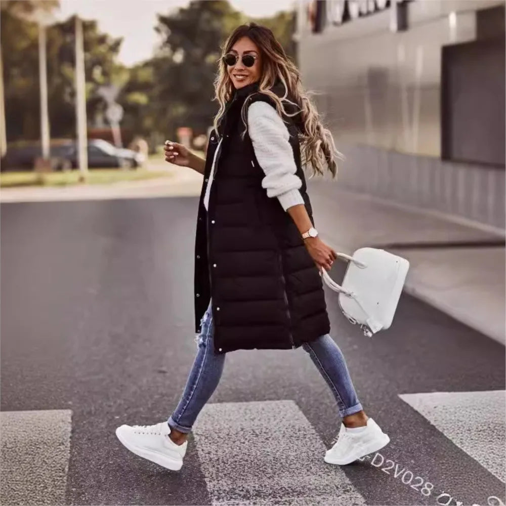 Casual Vest Hooded Single Breasted Mid-length Cotton Padded Jacket Winter Fashion Button Zipper Fitted Cardigan Female Vest Coat