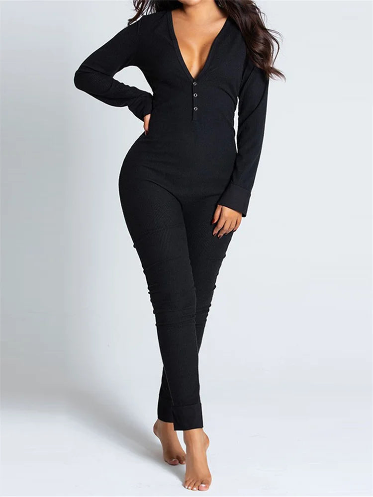 Women Jumpsuits Pajama Long Sleeve V Neck Bodycon Hip Detachable Crotch Romper Bodycon Playsuits Casual Loungewear