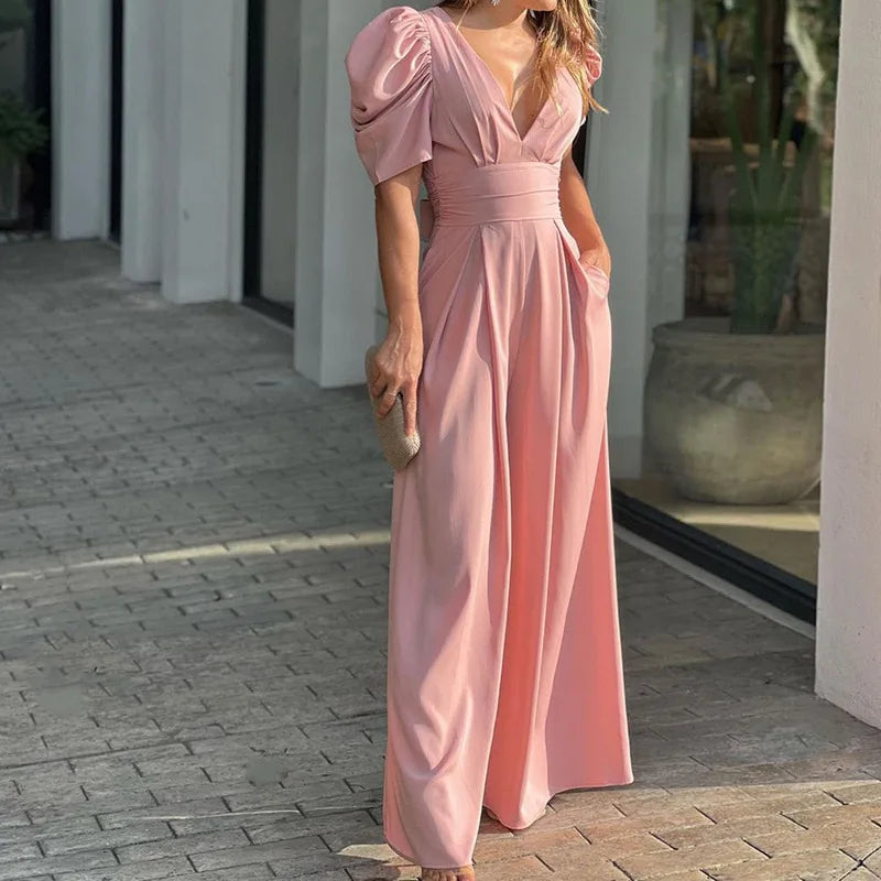 2025 New European American Short-sleeved Fashionable and Elegant Wide-leg Jumpsuits