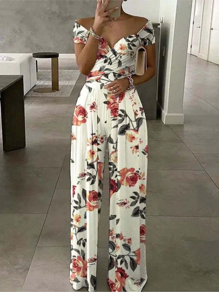 Fashion Print Jumpsuit Women's Short Off Shoulder V-Neck Wide Leg Pants Jumpsuits Female Office Womens Clothing Jumpsuit Summer