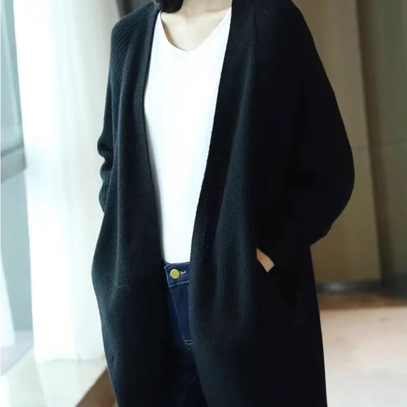 Women's Vintage Loose Casual Knitted Cardigan Autumn Winter Fashion Simple Solid Medium And Long Styles Sweaters Coat
