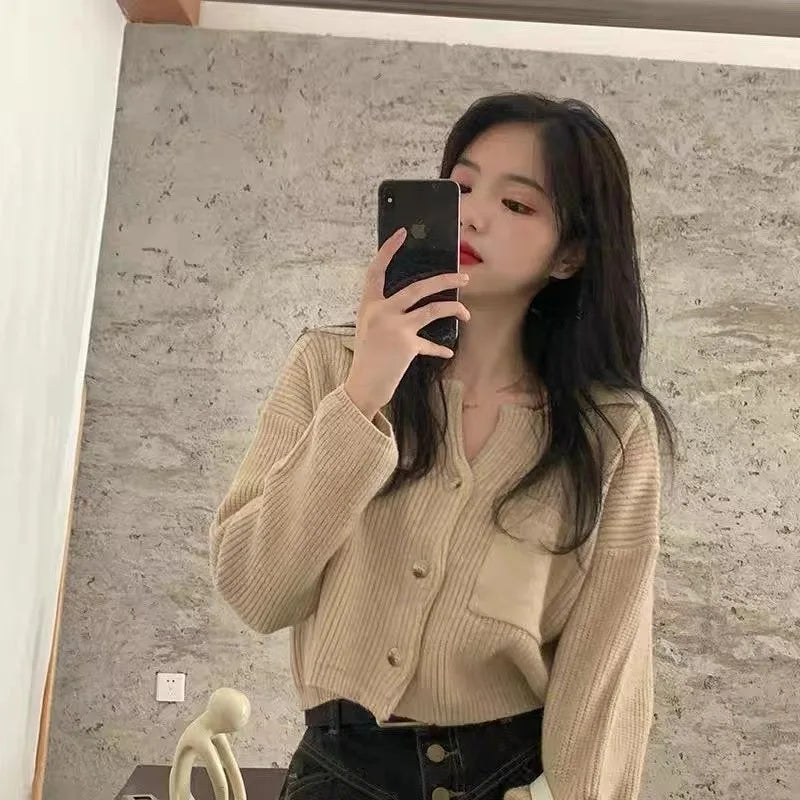 Elegant Autumn Winter Knitted Cardigan Short Sweater Women Long Sleeve Jackets Fashion Loose Casual Simple New Solid Short Top