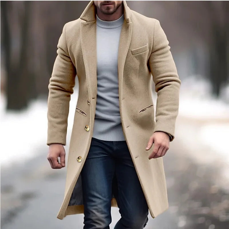 Winter Woolen Coat Men Jacket Elegant Medium and Long Woolen Jacket with Lapel Pockets Slim Solid Color Suit Collar Trench Coat