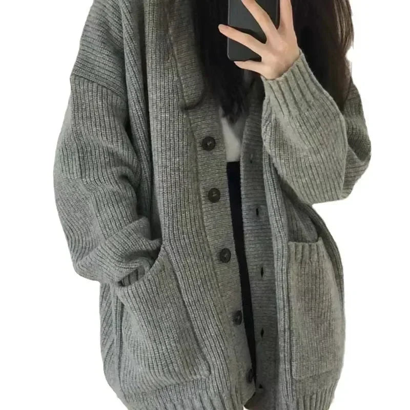 Korean College Style Single Breasted Cardigans Loose and Lazy V-neck Big Pocket Knitted Cardigan Women's Popular Coat Sweater