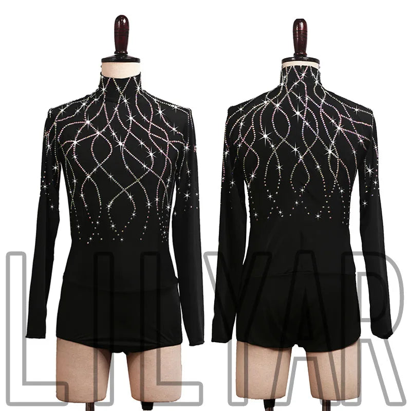 New Man Latin Dance  Performance Competition Performs Adult Black High Neck Long Sleeved Sparkling Diamond Jumpsuit Custom Color