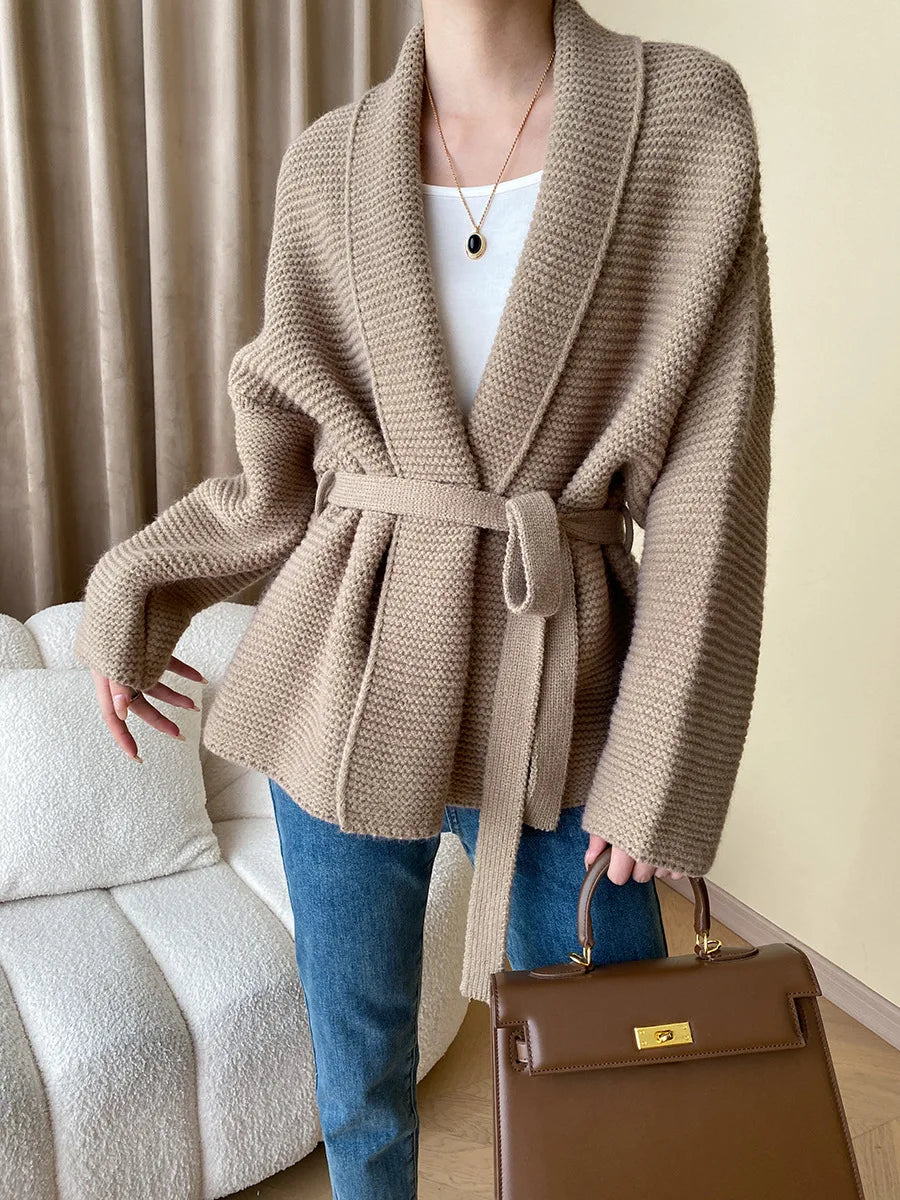 Knitted Cardigan Sweater Loose Lace Up Waist Retraction Oversized Cardigan Autumn New Grey Warm Fashion Coats for Women 2025