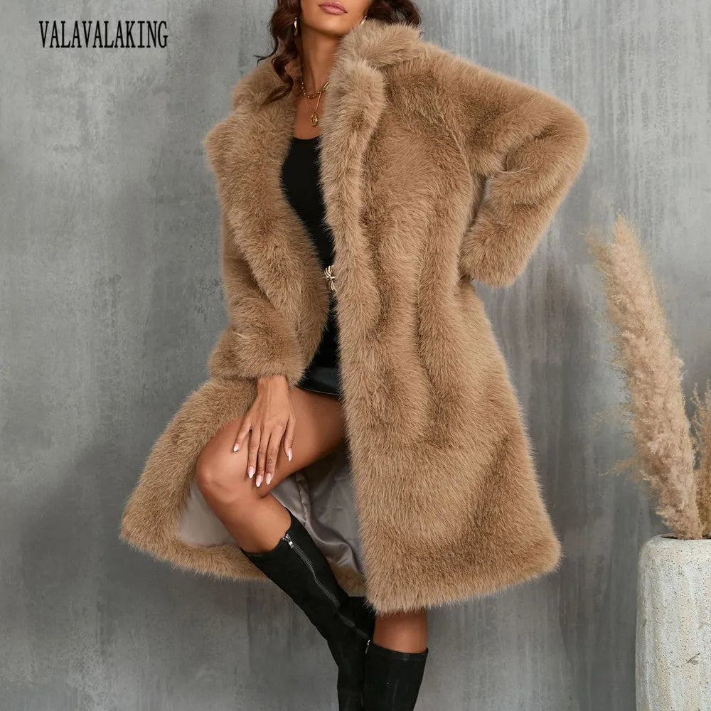 2025 Winter Plus Size Faux Fur Long Coat Women Big Collar Long Sleeve Fluffy Cardiga Jacket Lady Large Thick Warm Furry Outwear