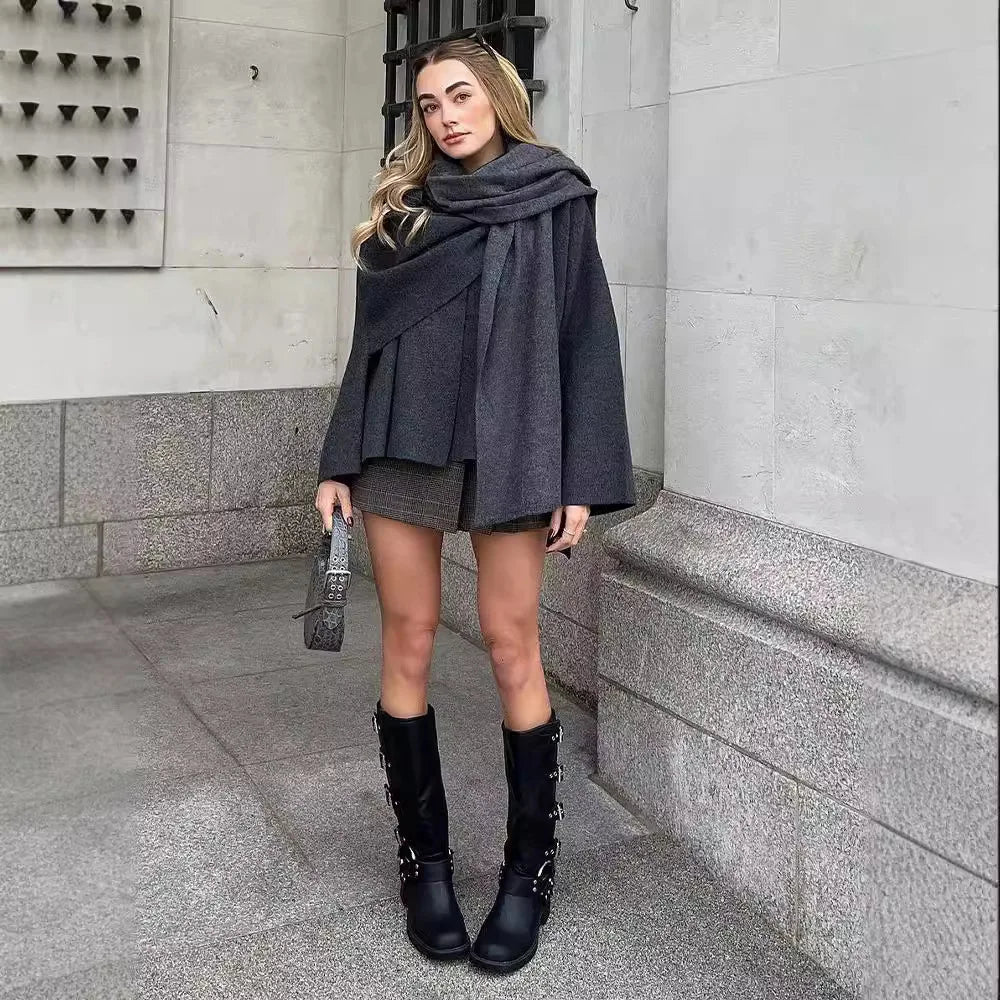 Women Fashion Scarf Decorated Woolen Jacket Casual Solid Long Sleeve Loose Warm Overcoat 2025 Autumn Winter New Lady Chic Coat