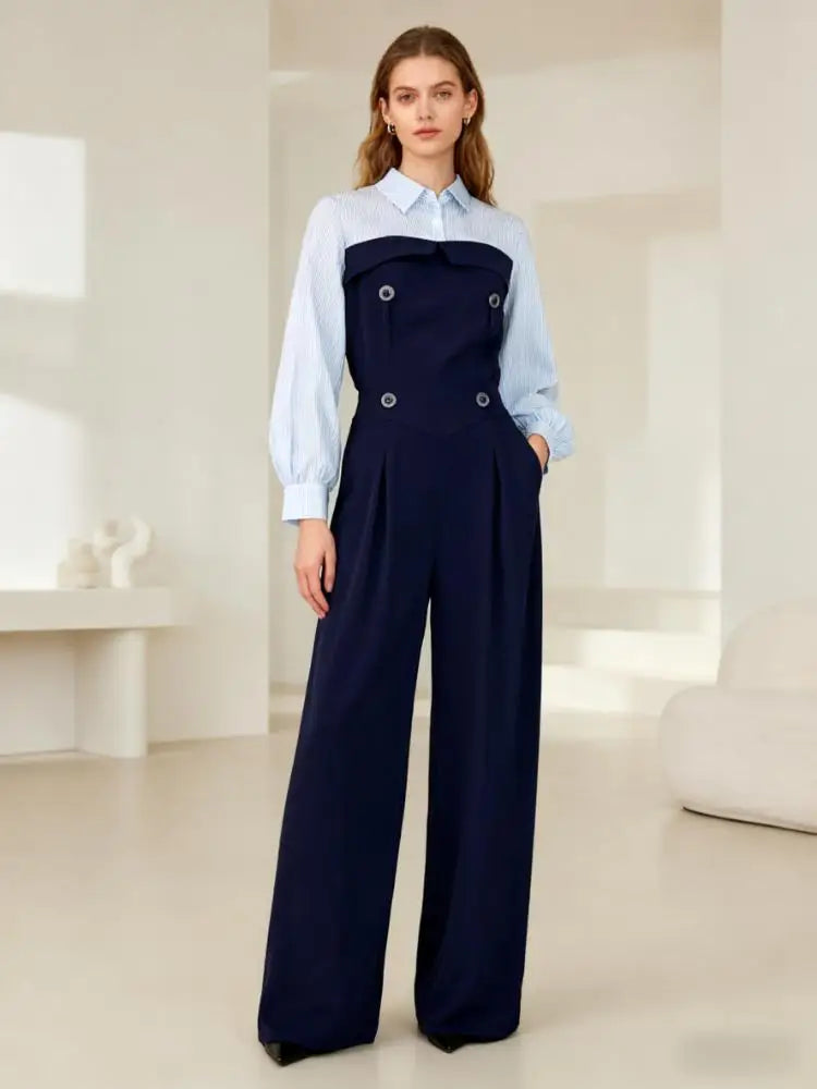 Freeacy Urban Women's Jumpsuit Lapel Collar Long Sleeves Split-join High Waist Loose Overalls Wide Leg Floor Length Jumpsuits