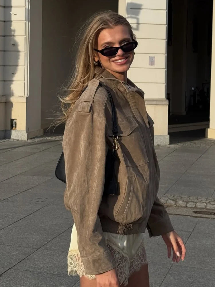 Fashion Short Women Suede Jacket Chic Stand Collar Zipper Pocket Loose Coats Casual Ladies Autumn New Daily Highstreet Outerwear