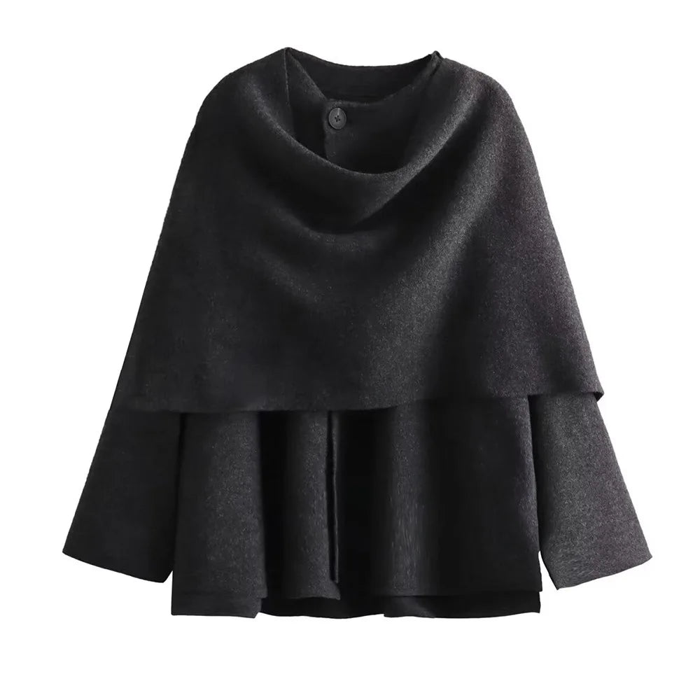 Women Fashion Scarf Decorated Woolen Jacket Casual Solid Long Sleeve Loose Warm Overcoat 2025 Autumn Winter New Lady Chic Coat