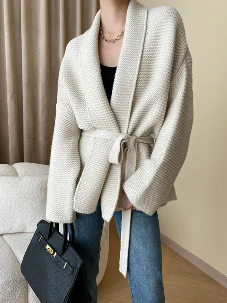 Knitted Cardigan Sweater Loose Lace Up Waist Retraction Oversized Cardigan Autumn New Grey Warm Fashion Coats for Women 2025