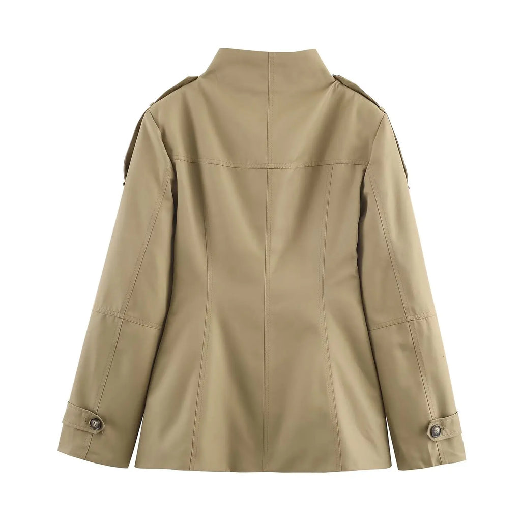 Tidalyf 2025 New Women Casual Jacket High Neck Single Button Shoulder Strap Cuff Strap Pocket Design Chic Fashion Autumn