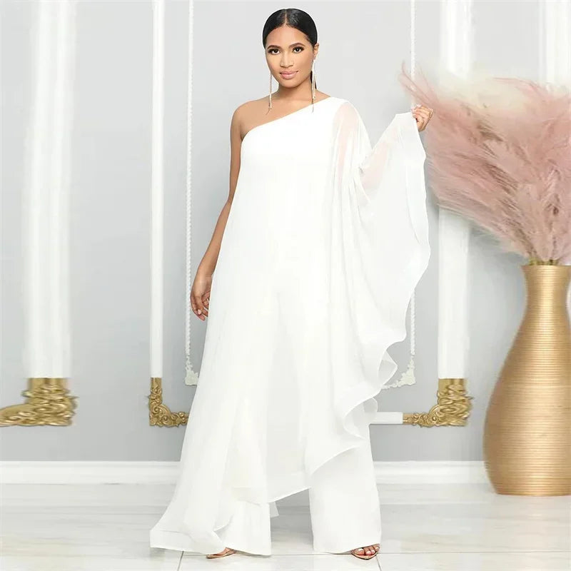 Elegant Chiffon One Shoulder Wide Leg Jumpsuit Women Club Party Birthday Outfits One Pieces Rompers Overalls Combinaison Femme