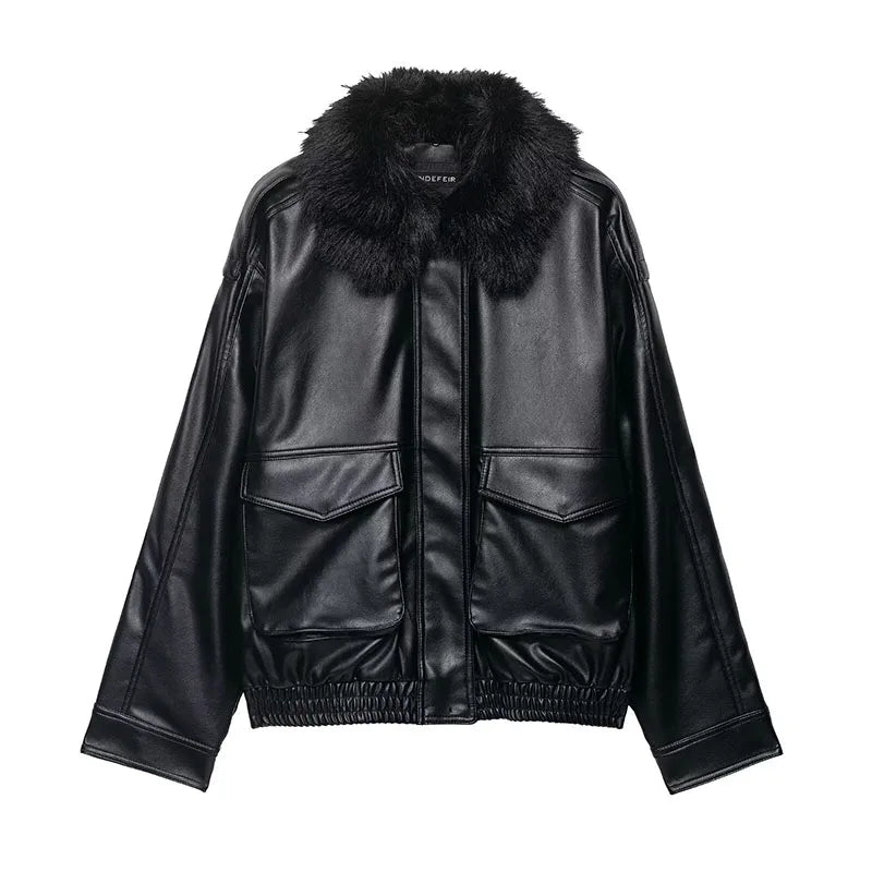 HH Women's Autumn New Fashion Jackets Black Fur-Trimmed Lapel Long Sleeves Pockets Zipper Female High Street Loose Coats
