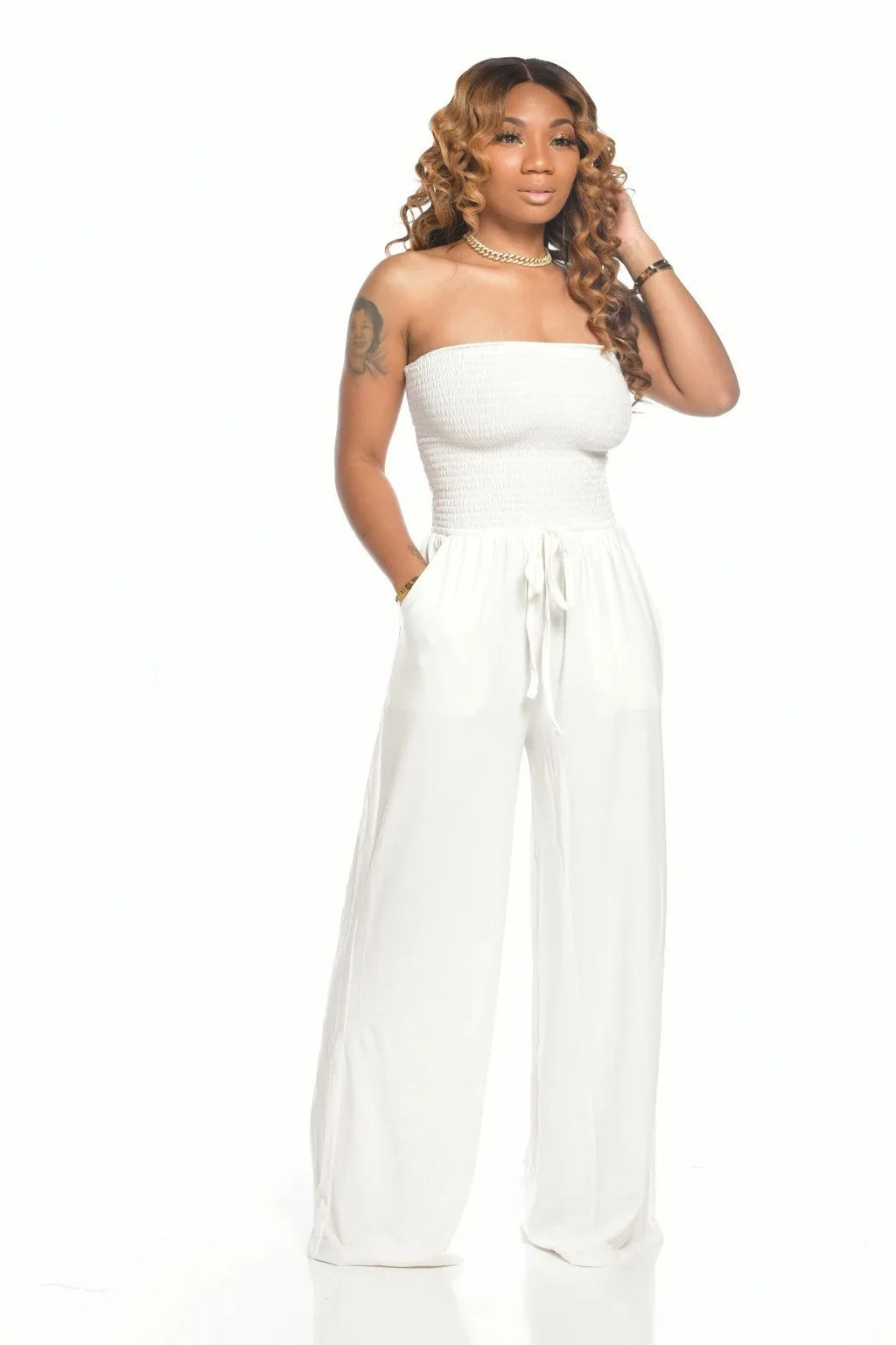 2025 Women Loose Wide Leg Pants Summer Female Drawstring Pocket Full Beachwear Trousers  Bodysuit Sexy Wrapped Chest Clothing