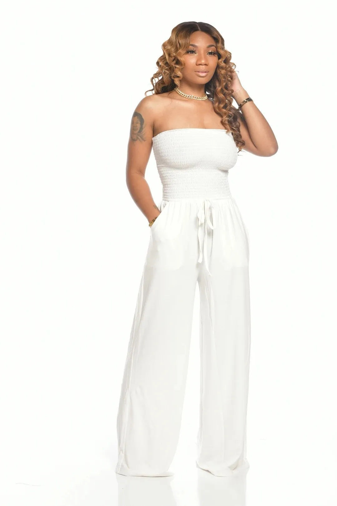 2025 Women Loose Wide Leg Pants Summer Female Drawstring Pocket Full Beachwear Trousers  Bodysuit Sexy Wrapped Chest Clothing