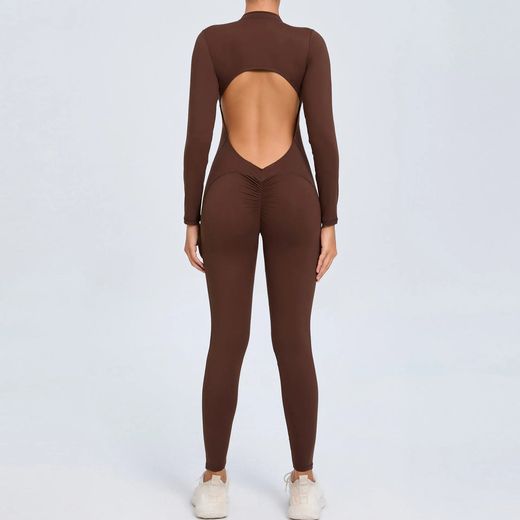 Hearuisavy V Back Sports Jumpsuit Yoga Clothes Rompers Women Long Sleeveles Workout Bodysuits Backless One-piece Suit Female