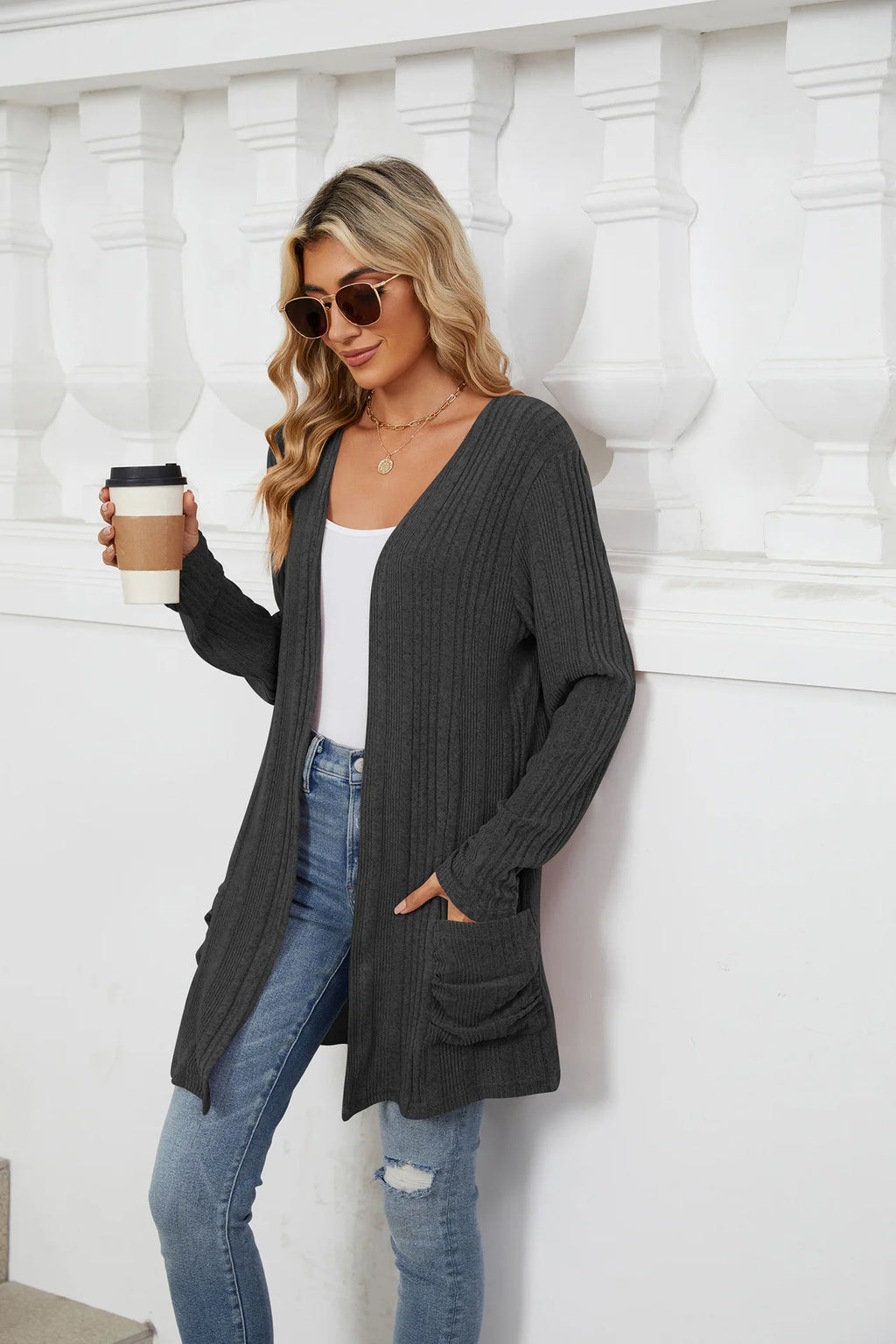 Autumn Winter New Solid Color Pit Stripe Brushed Pocket Cardigan Best Selle Long Sleeved Jacket for Woman Clothes