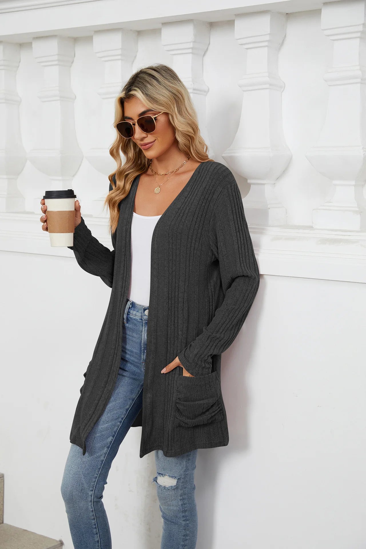 Autumn Winter New Solid Color Pit Stripe Brushed Pocket Cardigan Best Selle Long Sleeved Jacket for Woman Clothes