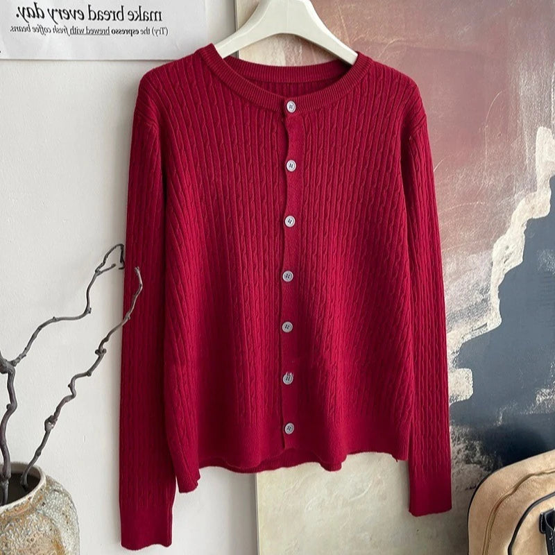 2025 Pure Color Long Sleeve Single Breasted Knitted Sweater Autumn Winter Women's Crew Neck Cardigan New Casual Versatile Tops
