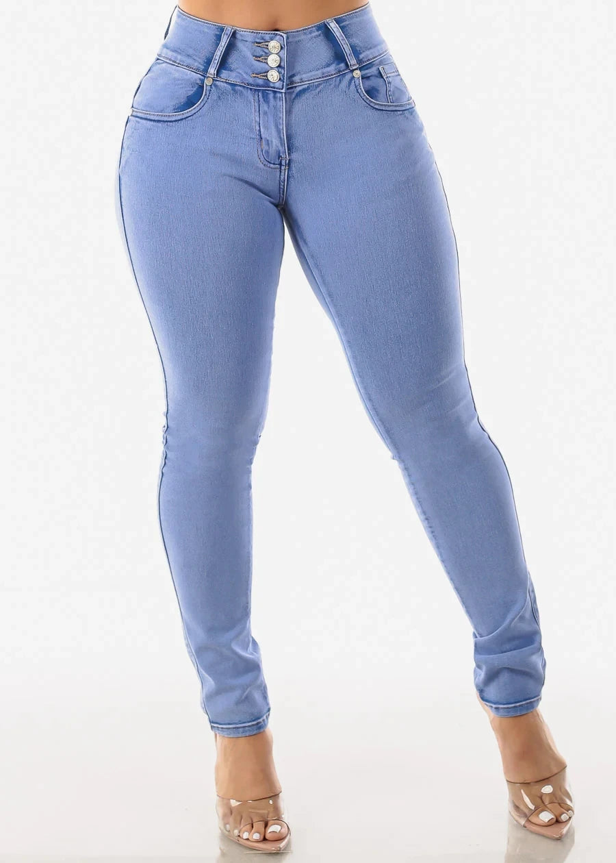 Fashion wash light blue high waist front button women's stretch slim butt lift tight feet casual jeans