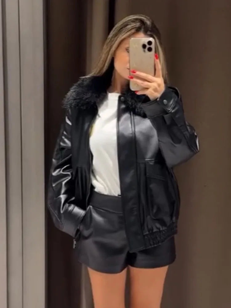 HH Women's Autumn New Fashion Jackets Black Fur-Trimmed Lapel Long Sleeves Pockets Zipper Female High Street Loose Coats