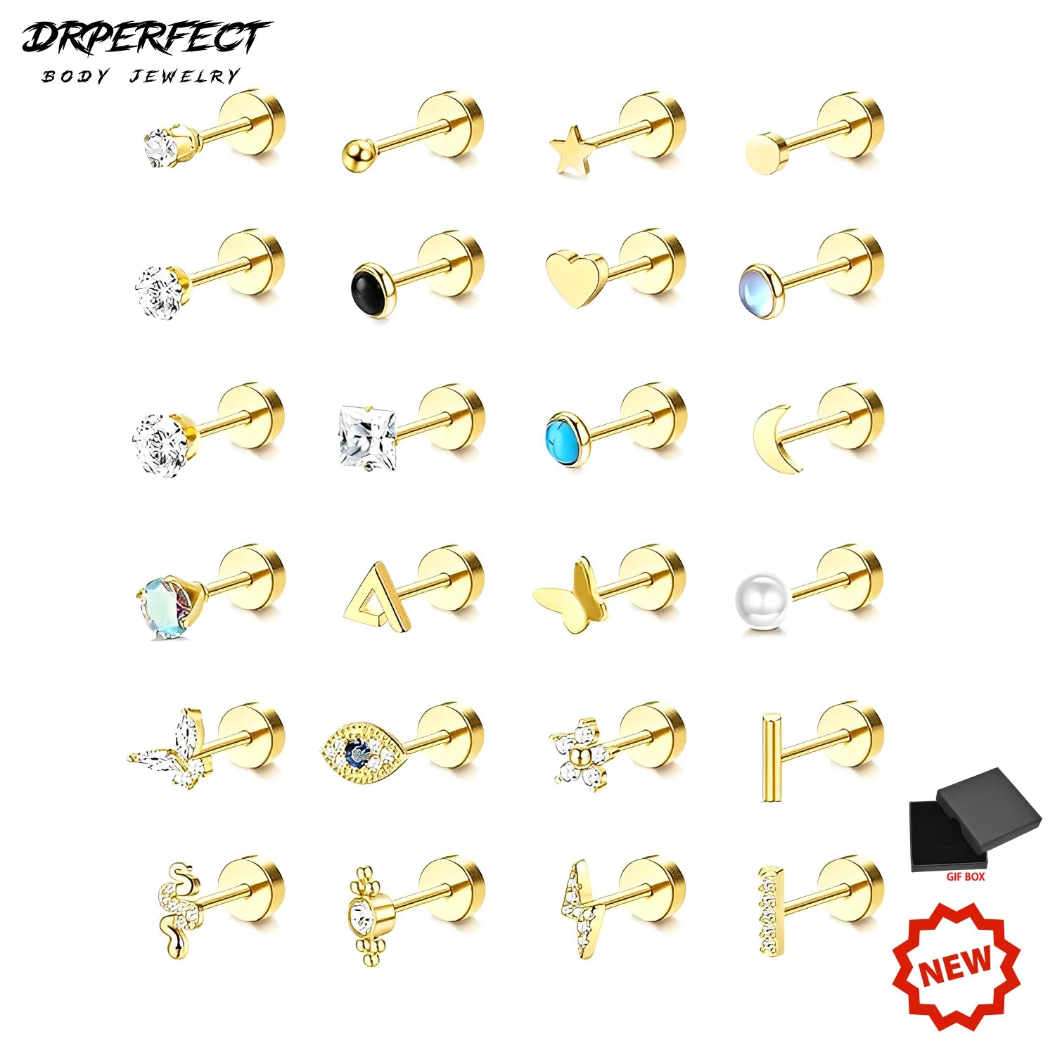 Drperfect 24Pcs Flat Back Earrings for Women Men Stainless Steel Earrings 20G Tiny Ball CZ Earrings Set for Multiple Piercing