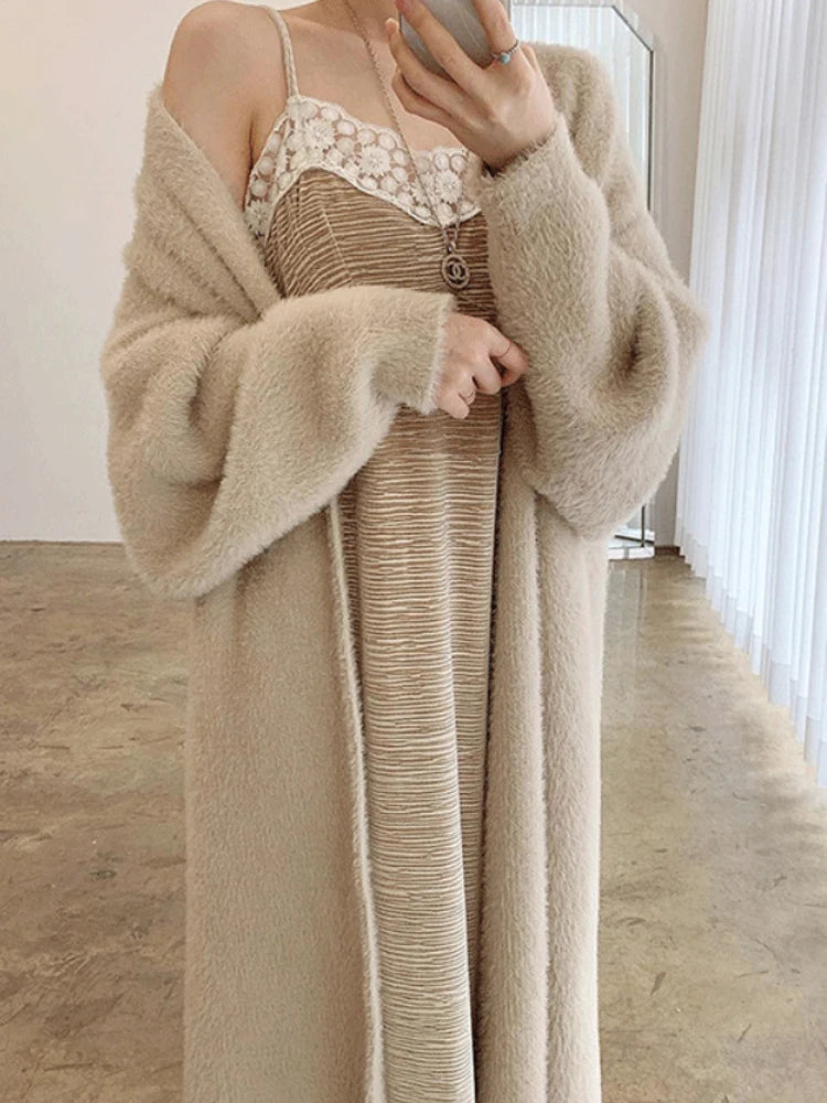 FSMG Elegant Solid Long Pure Imitation Mink Fleece Cardigans Women Knee Length Knitted Cashmere Sweater High Street Warm Coat