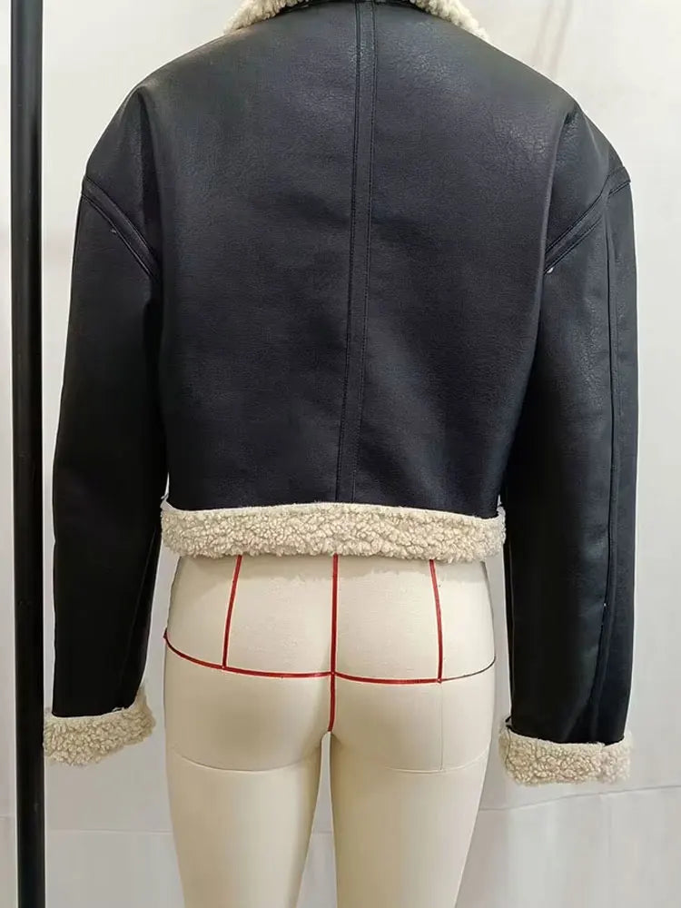 HH Female 2025 Autumn Street Fashion Leather Jacket Causal Lapel Long Sleeves With Pockets Zippers Fly Vintage Coats