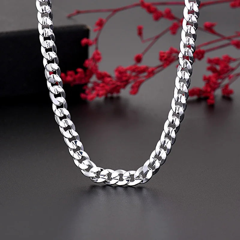 925 Sterling Silver 7mm Cuban Chain Necklace noble charms for women men lady Concave Sideways Design Wedding Jewelry