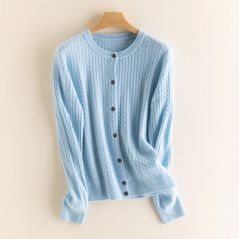 2025 Autumn Winter O Neck Cardigan Women Sweater New Casual Versatile Tops Solid Long Sleeve Single Breasted Cable Knit Sweater