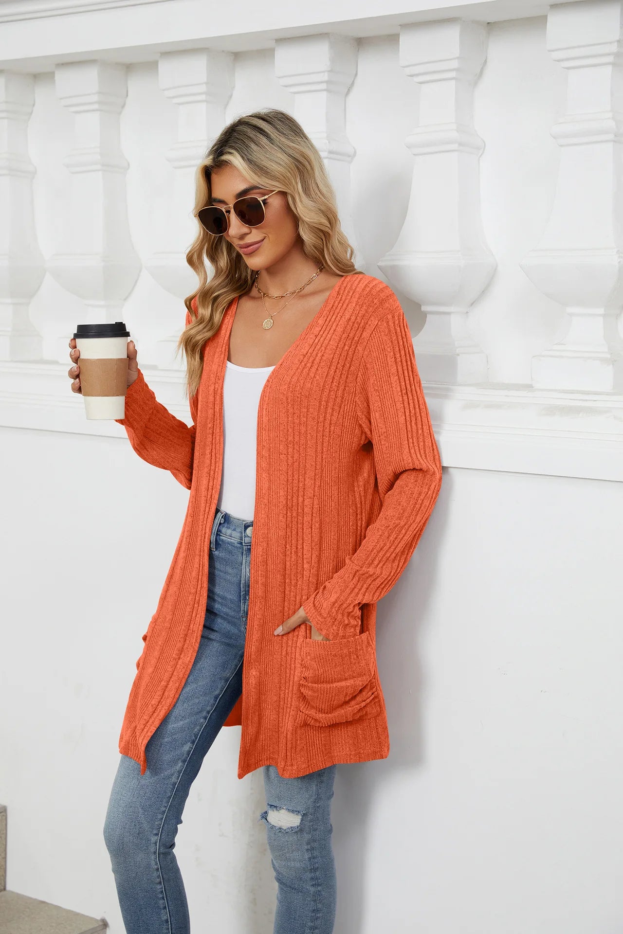 Autumn Winter New Solid Color Pit Stripe Brushed Pocket Cardigan Best Selle Long Sleeved Jacket for Woman Clothes