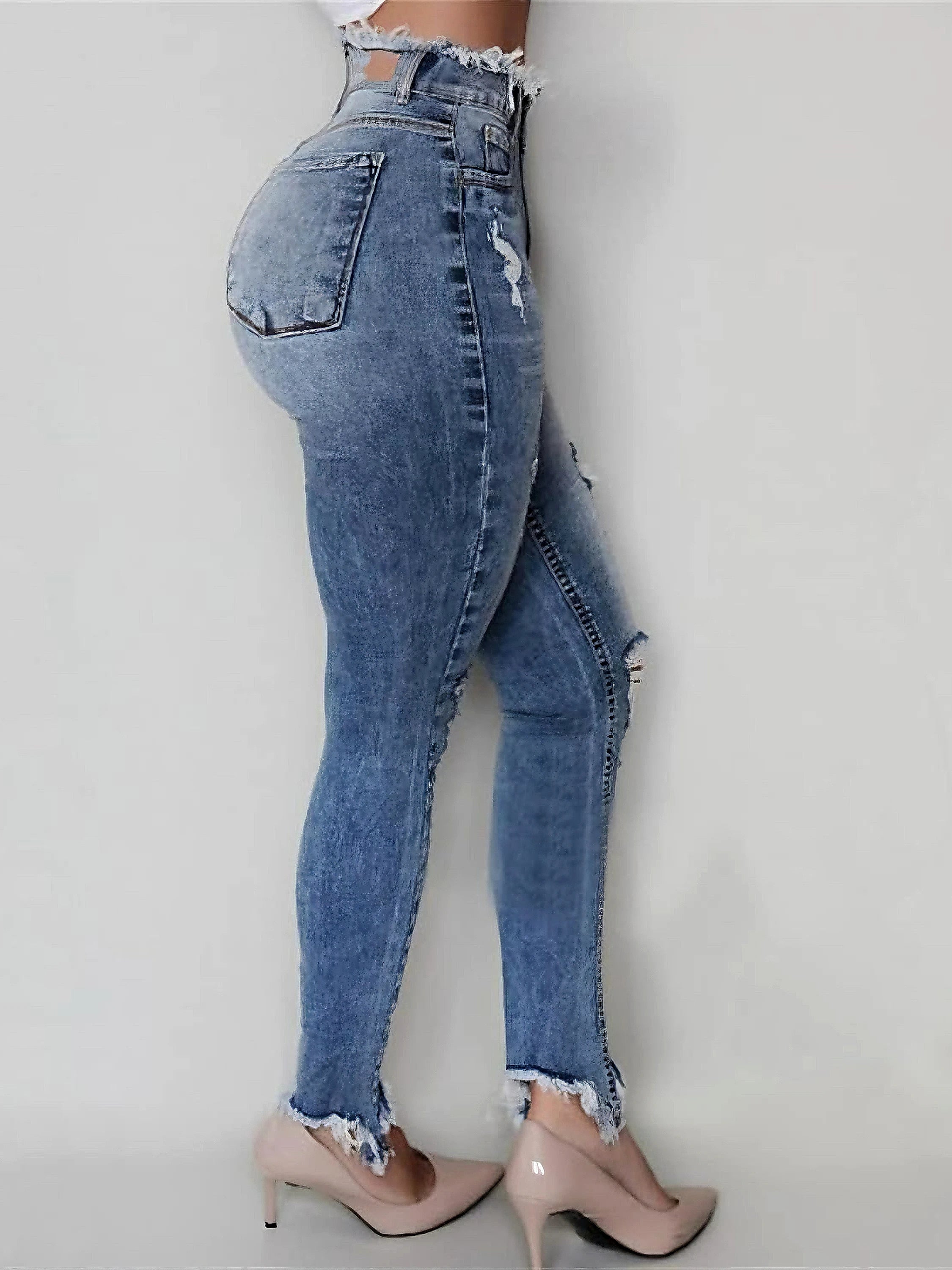 Women's high waisted fringed ripped jeans with irregular edges, slim fit and tight fitting style, fashionable and casual style
