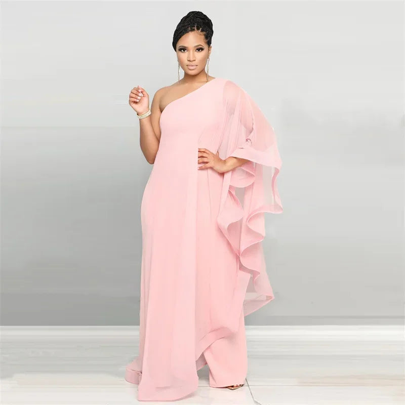 Elegant Chiffon One Shoulder Wide Leg Jumpsuit Women Club Party Birthday Outfits One Pieces Rompers Overalls Combinaison Femme