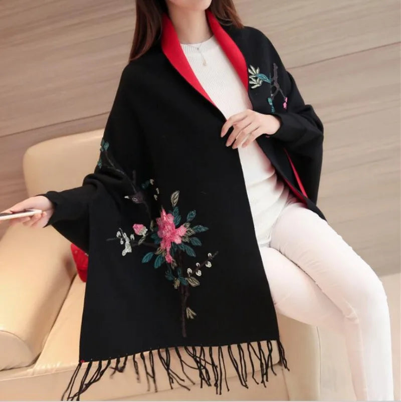 Autumn and winter embroidered cape shawl women's embroidered knitted cardigan tassel knit sweater