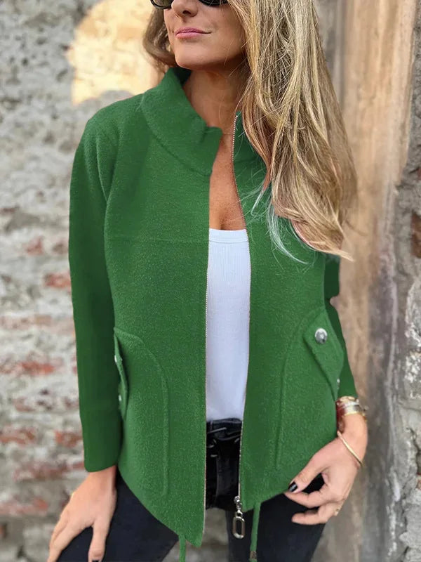 Lightweight Casual Zipper Cardigan Wool Jacket For Women's Autumn Stand Collar Tether Pocket Loose Versatile Female Wool Coat